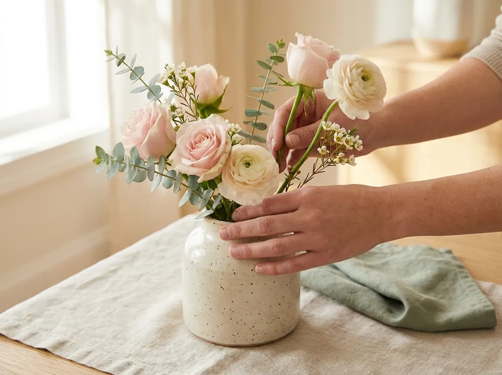 Hands arranging fresh garden flowers in a vase
