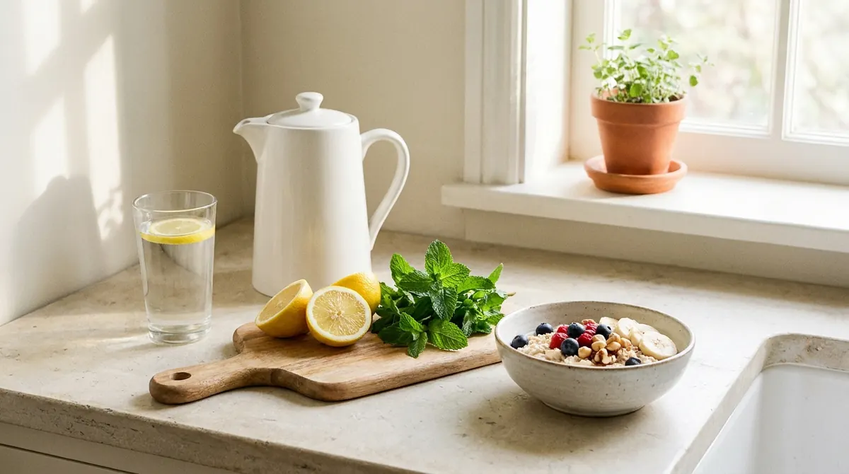 Bright kitchen counter with water, lemons and fresh herbs